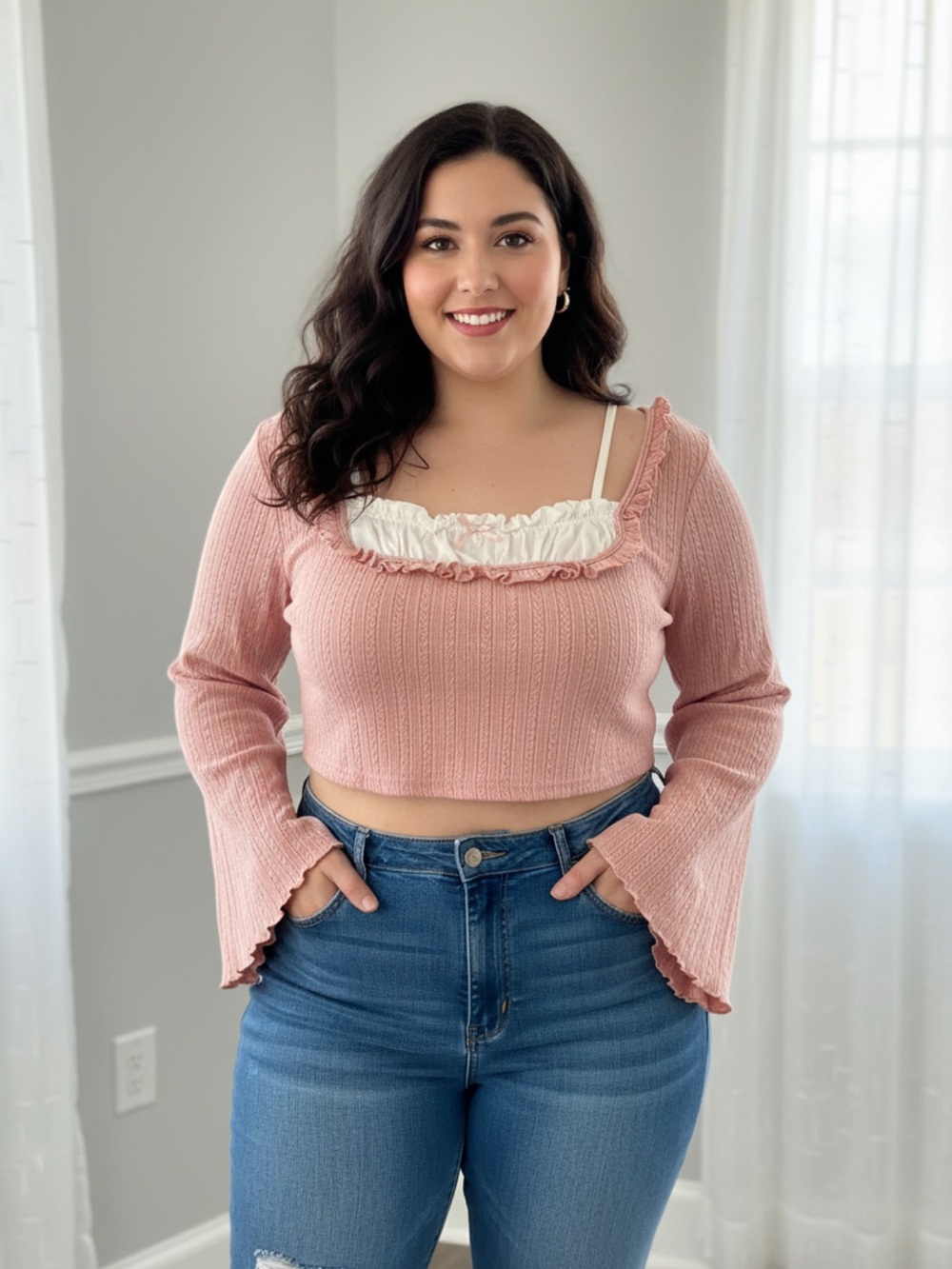 SHEIN Dusty Pink Ruffled Square Neck Cropped Top